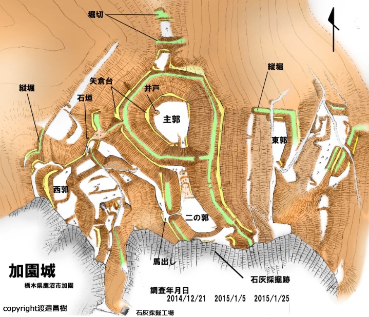 図(1)－加園城縄張り図（上が北）