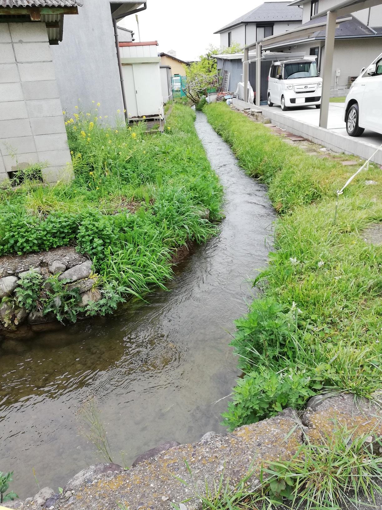 住宅の裏を流れる木島用水 住宅の裏を流れる木島用水