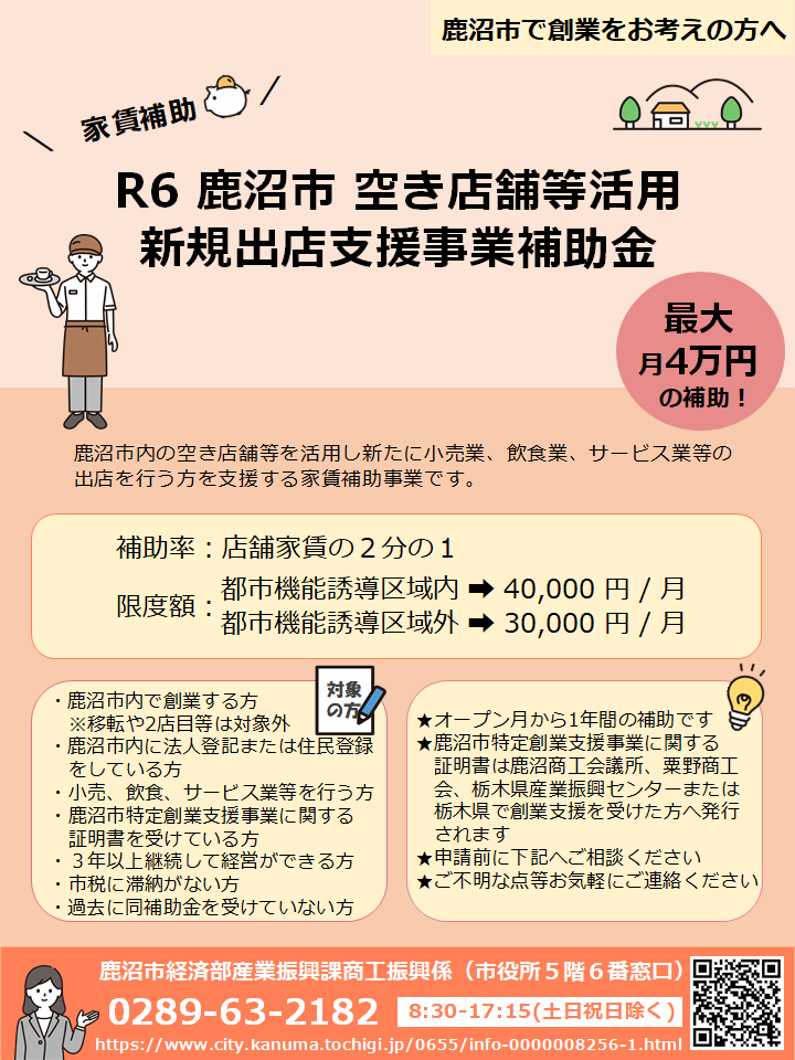 鹿沼市空き店舗等活用新規出店支援事業補助金チラシ