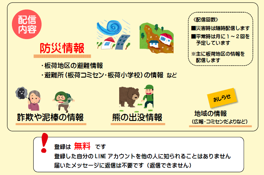 配信内容:防災、詐欺・泥棒、熊の出没、地域の情報 配信内容:防災、詐欺・泥棒、熊の出没、地域の情報